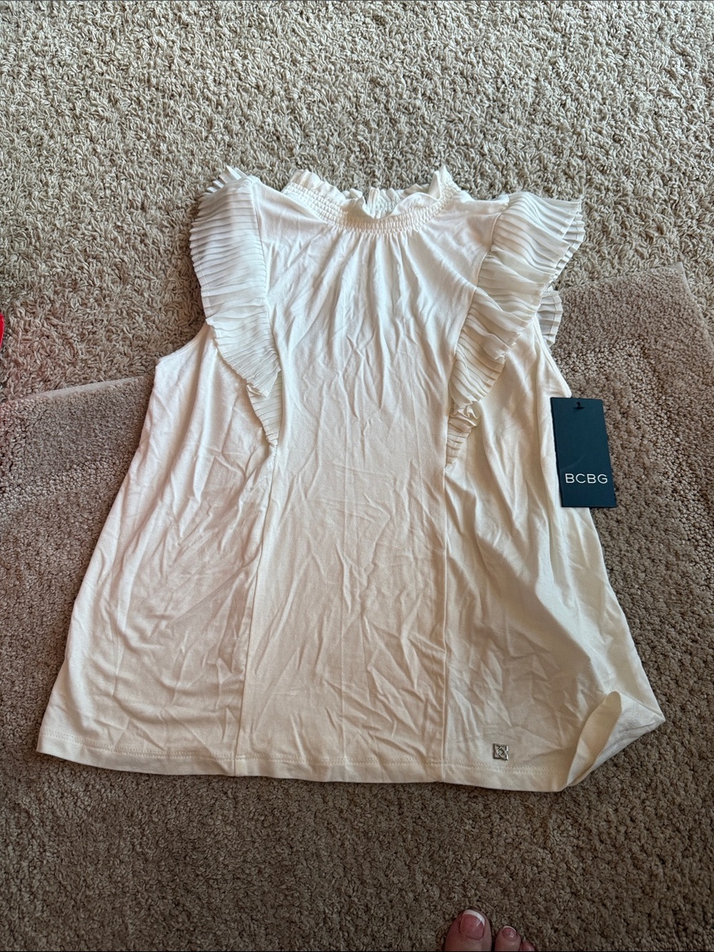 BCBG Cream Pleated Ruffle Mock Neck Camisole